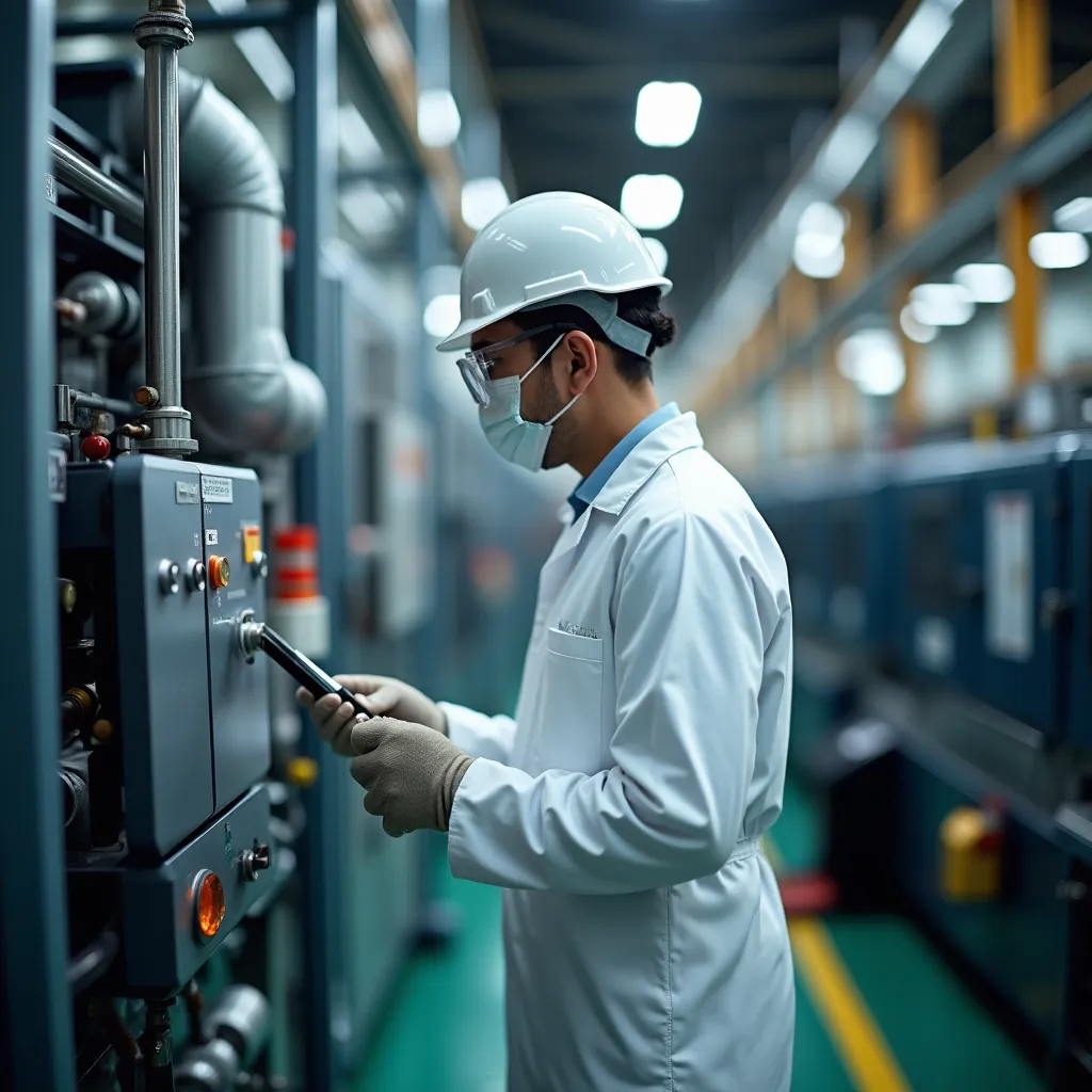 Tecnico che controlla un monitor LEL e la linea di campionamento in un impianto di stampa converting